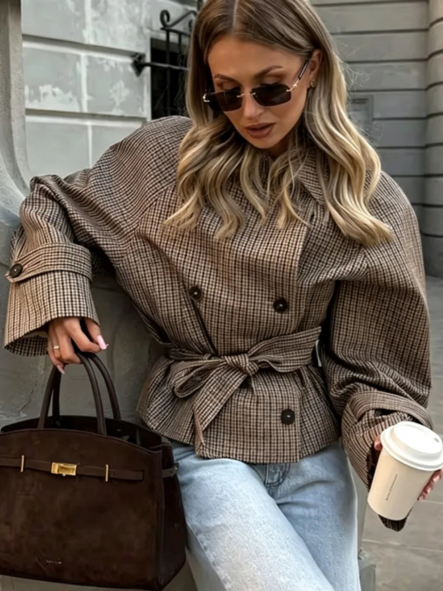 Vintage Plaid Cropped Trench Jacket Women Casual Lapel Lace-up Double Breasted Belted Loose Coats Lady Autumn WInter Streetwear