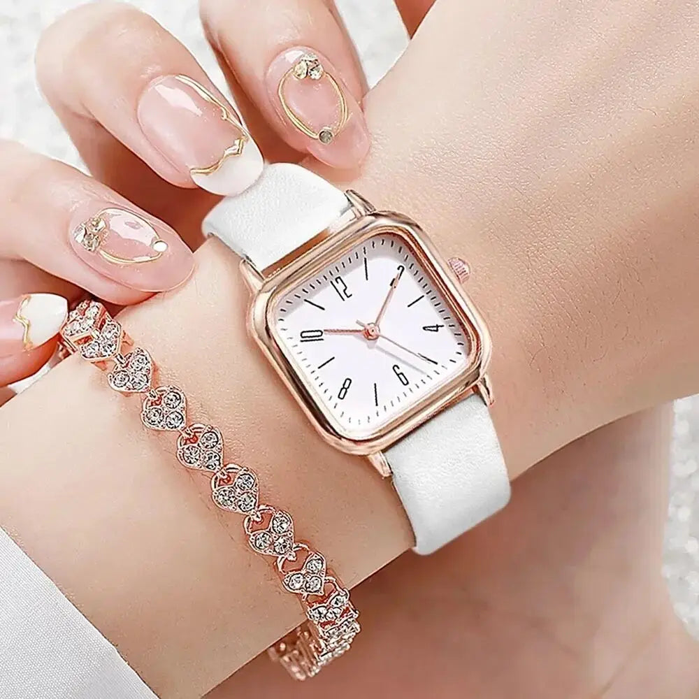 2PCS/Set Fashion Square Women Watches Casual Leather Strap Quartz Watch Rhinestone Bracelet Set