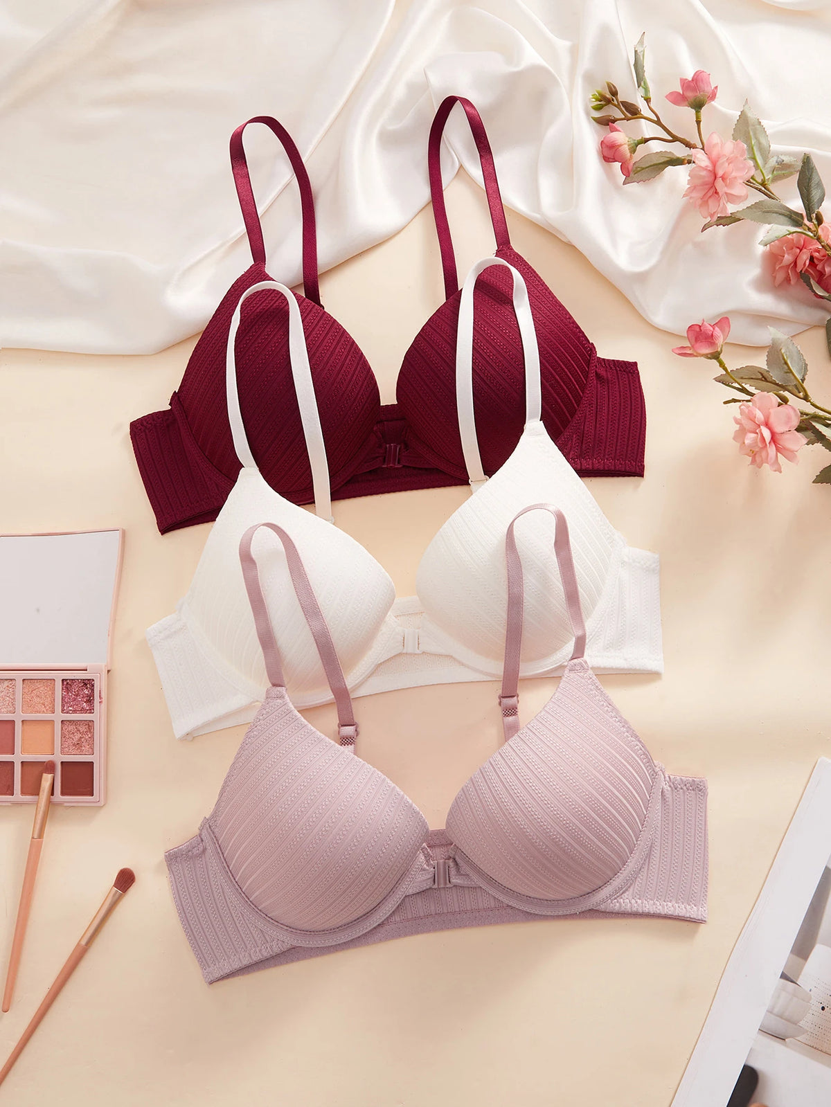 1 3 5Pcs Everyday Solid Women Bra Front Closure Push up Sexy Bras Ribbed Unlined Sweet Women's Underwear