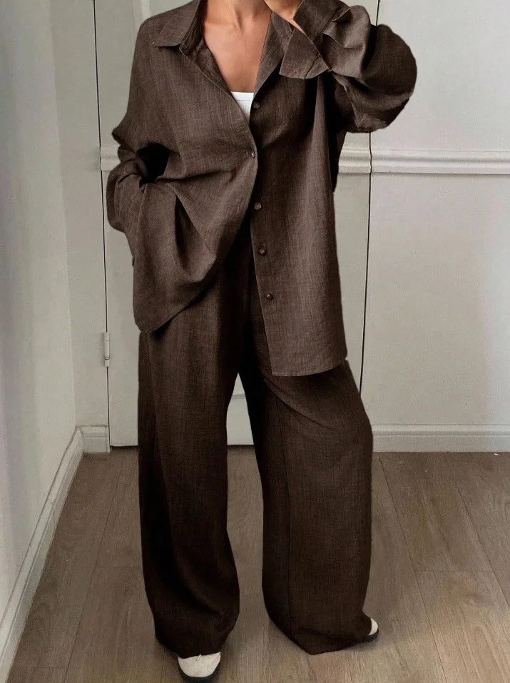 2026 New Women Linen Two Piece Outfit Set Lapel Long Sleeve Button Shirts Elastic Waist Wide Leg Pants Casual Loose Home Suit