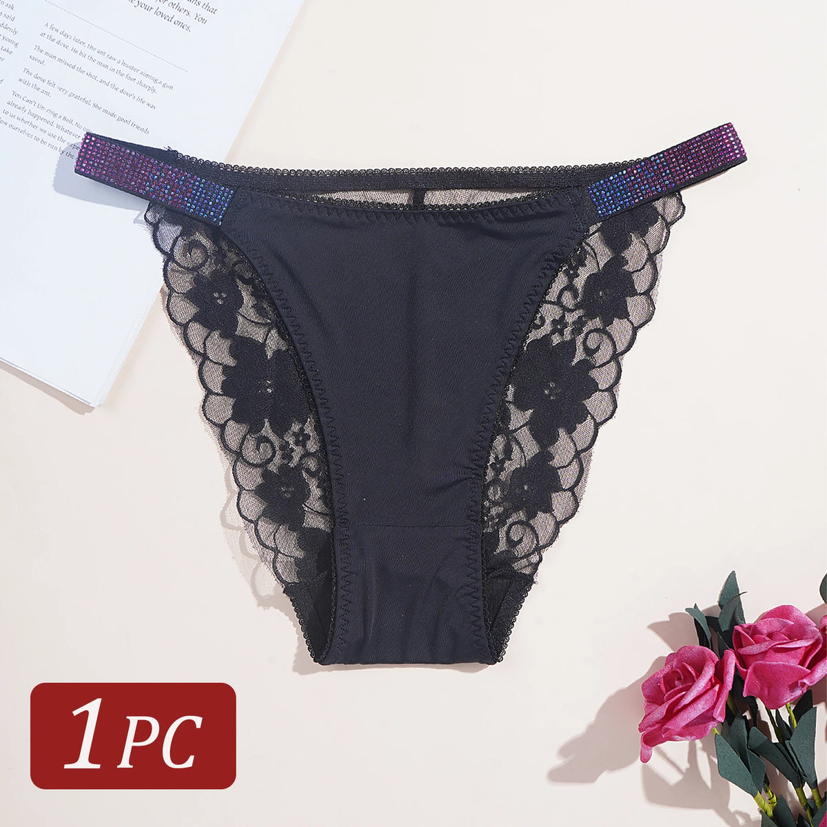 1PC Rhinestone Lace Sexy Girls Women Panties Solid Color Seamless Underwear Elegant Lace Floral Design Low Rise Briefs Lingerie