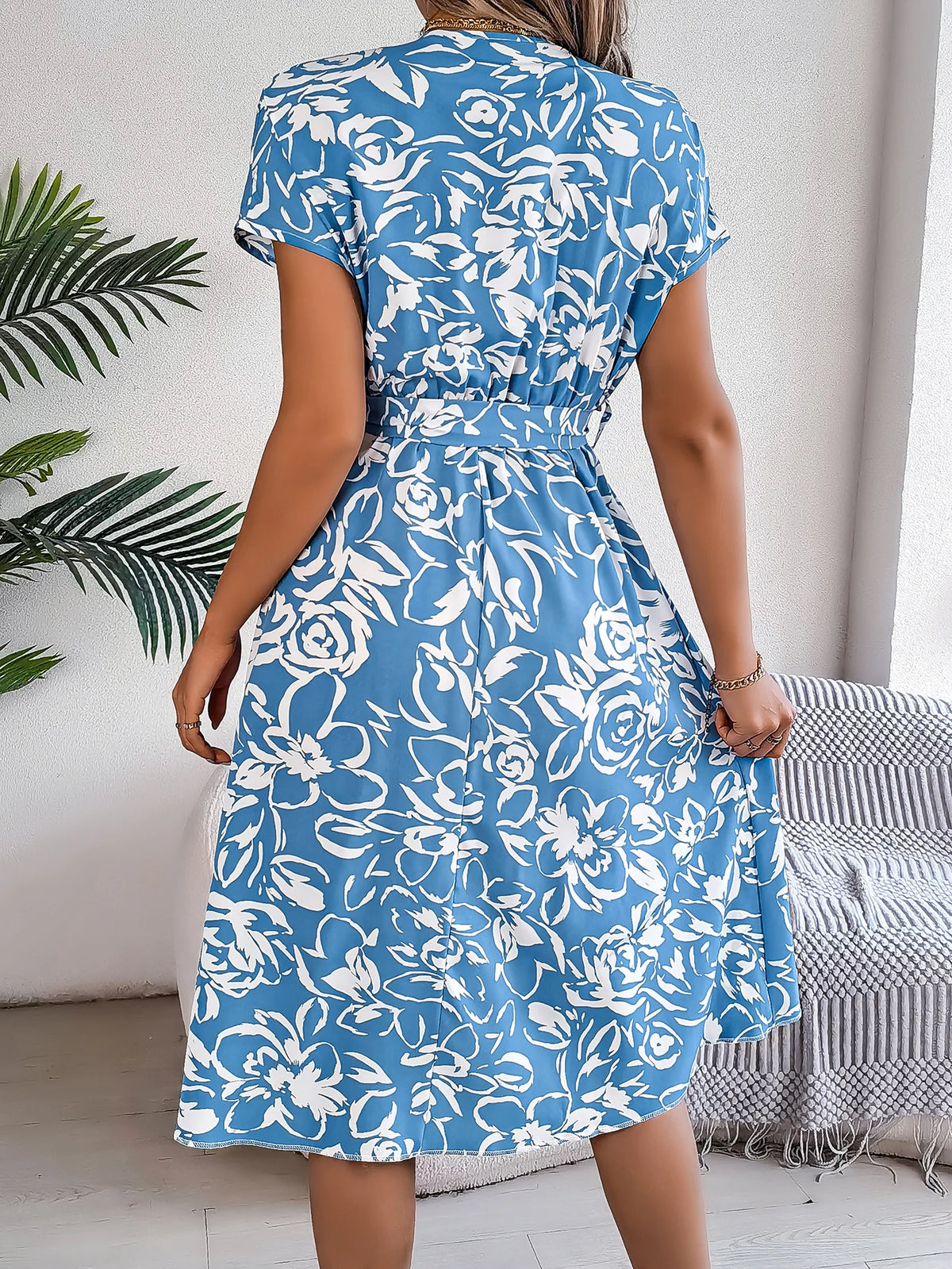 Spring Summer Casual Woman Dresses 2026 Fashion Buttons V Neck Flower Print Short Sleeve A Line Dress with Belt
