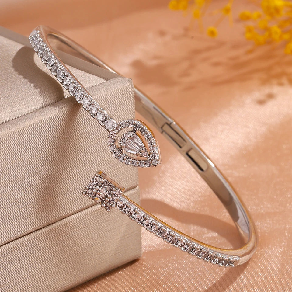 ZAKOL Classic Geometric Water Drop Square Zircon Adjustable Open Bracelets Shiny CZ Cuff Bangle Wedding Party Jewelry Gift