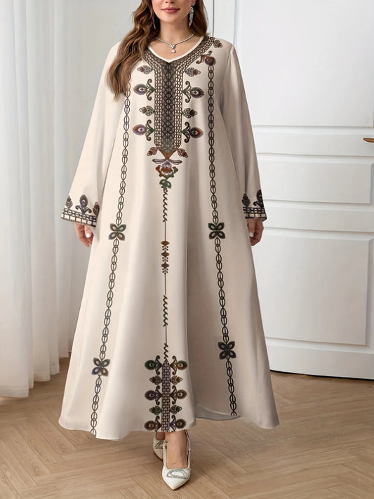 New Spring and Autumn Style, Plus Size Fashionable Women's Clothing, Ethnic Print, Elegant, Loose and Comfortable for Commuting, Vacation Style Long-Sleeved Dress