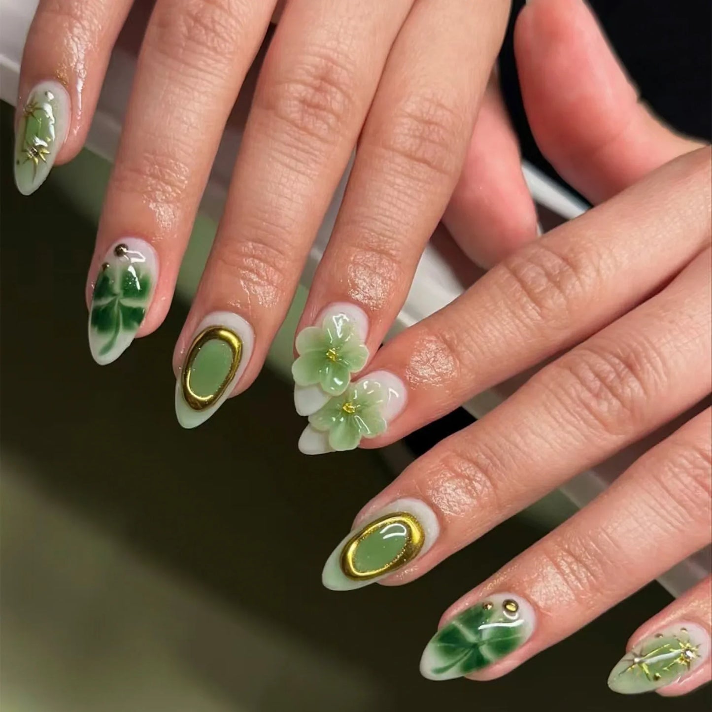 24PCS Pink Almond Press on Nails Full Cover Carved Flower 3D Ripples French Fake Nails for Women with Golden Pearl Wearable Nail