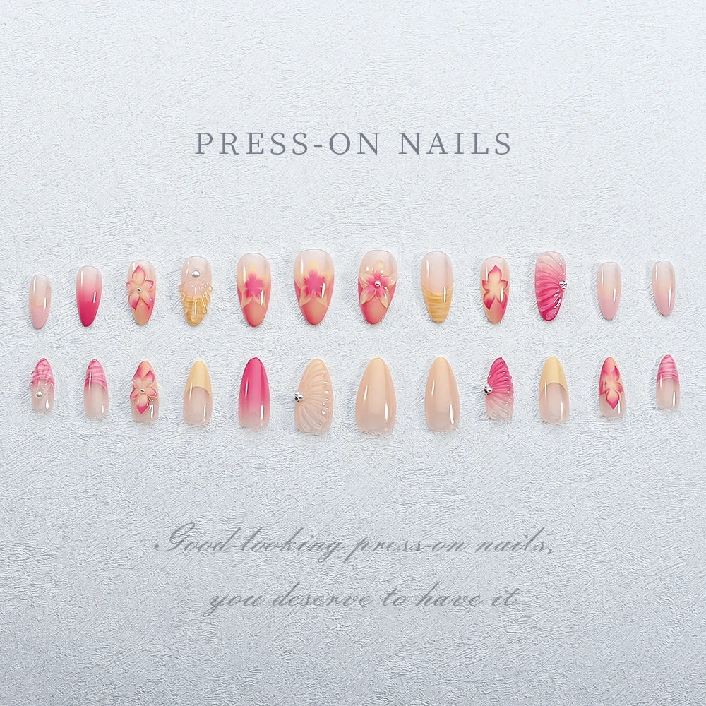 24pcs Mid-length Almond Wearable Press on Nails Gradient Pink Flower Pearl Design False Nails French Petal Fake Nails Tips