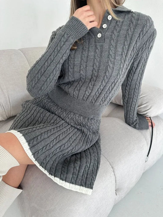 BKLD 2026 New Casual Skirt Sets Long Sleeve Tops Knitted Button Sweater And Mini Skirts Two Piece Sets Clothes For Women
