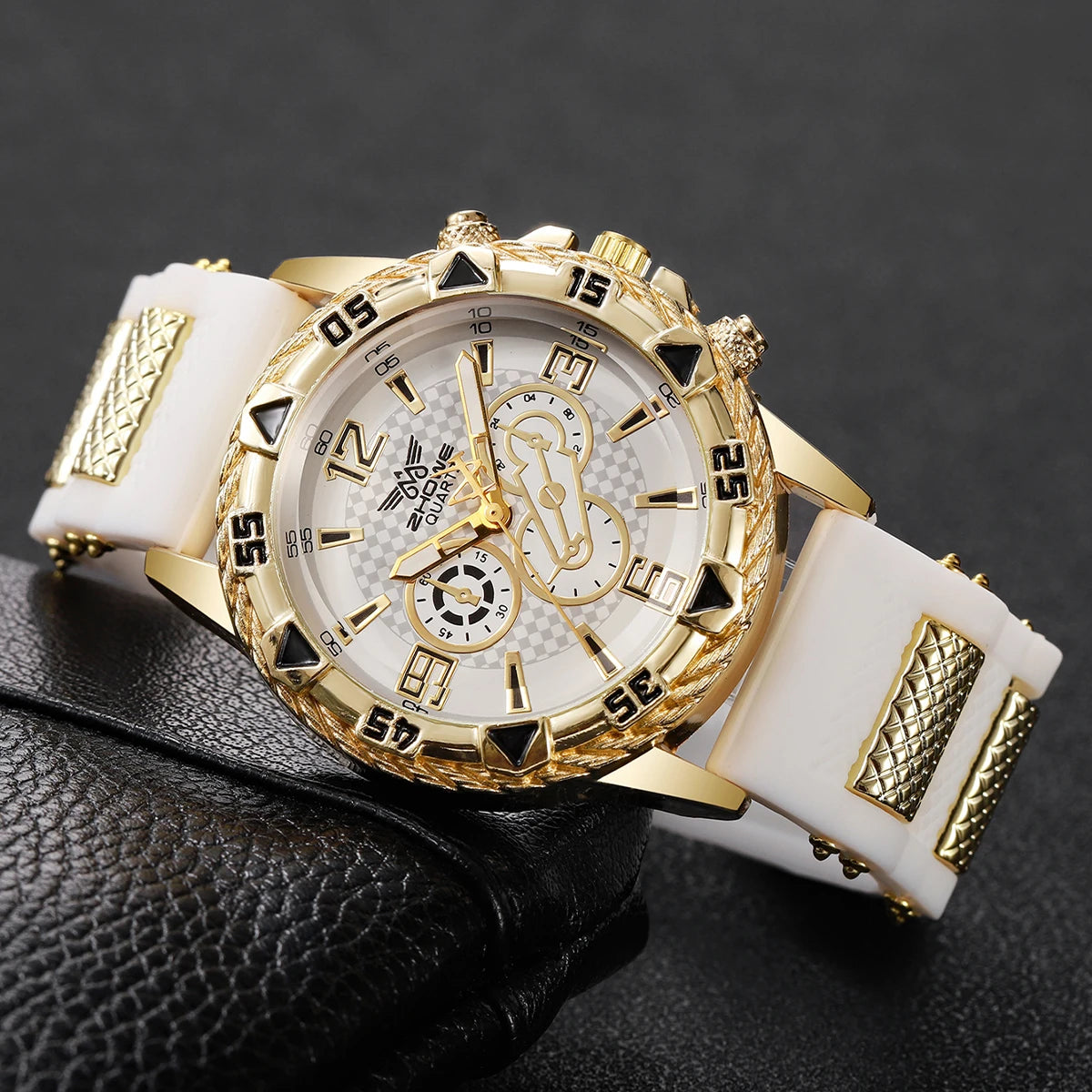 Fashion Gold Case Men Sports Quartz Watch White Silicone Strap Casual Male Dress Wristwatches Relogio Masculino（Without Box）