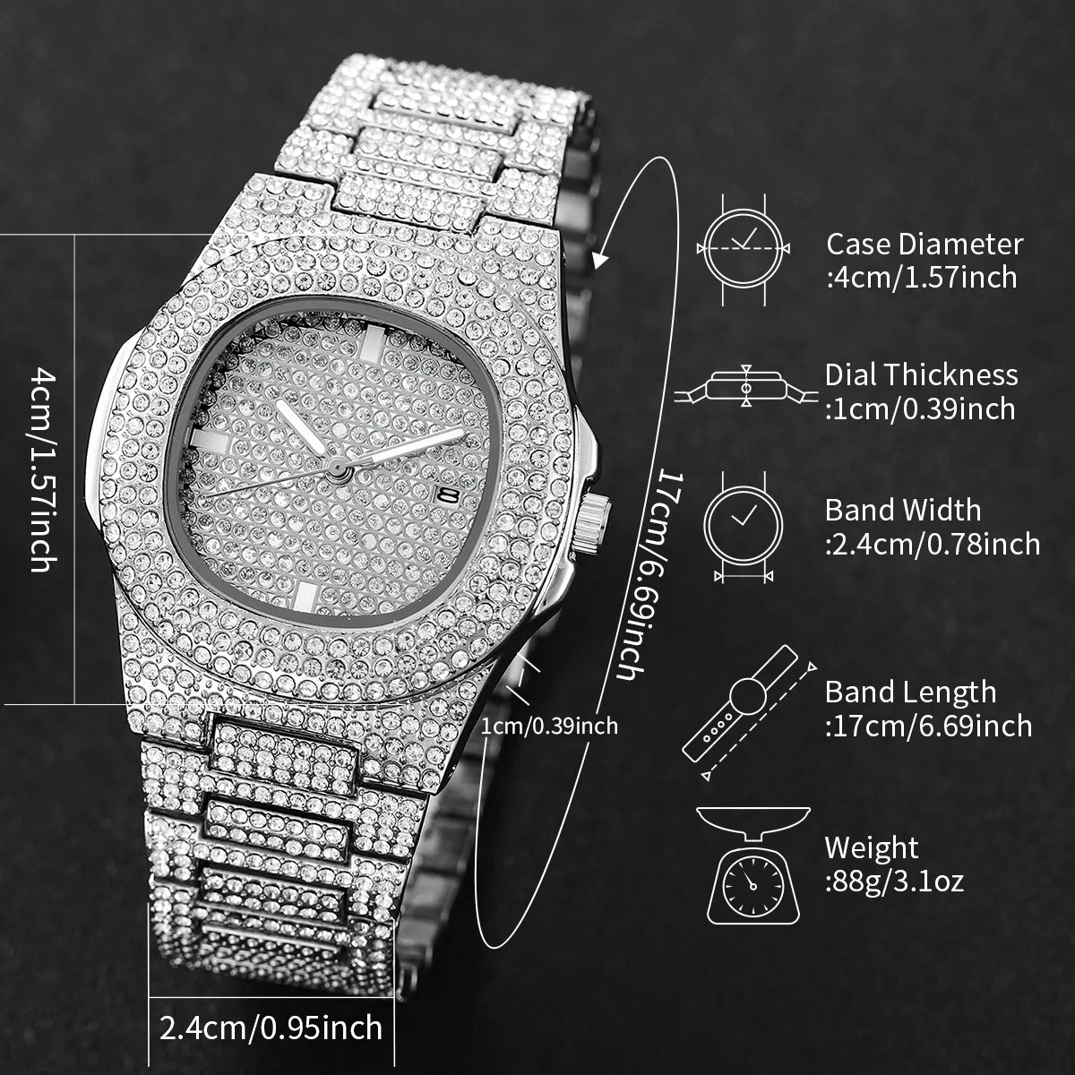 3PCS Iced Out Full Diamond Men Watch Cuban Chain Necklace Bracelet Set Hip Hop Quartz Wristwatch Accessories Relogio Masculino