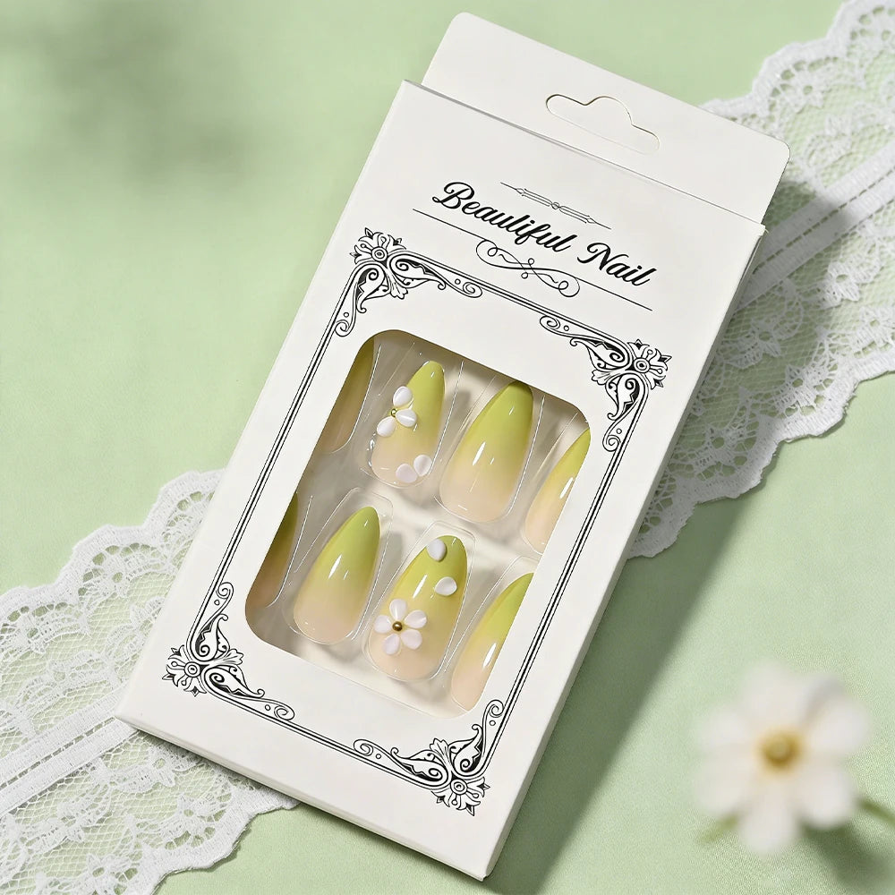 24pcs Gradient Green French Wearable Press on Nails Medium Almond Spring Petal Full Cover Fake Nail Tips Floral False Nails