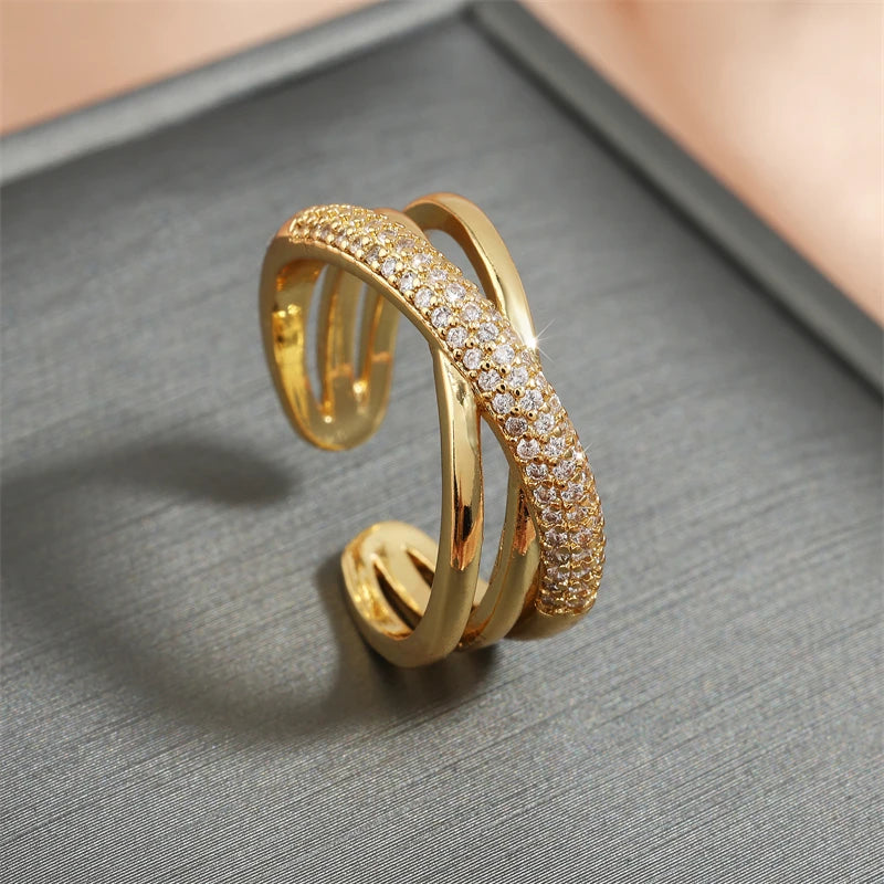 ZAKOL Fashion Double Layers Zircon Rings for Women Gold Color Plated Open Stainless Steel Ring Aesthetic Party Wedding Jewelry
