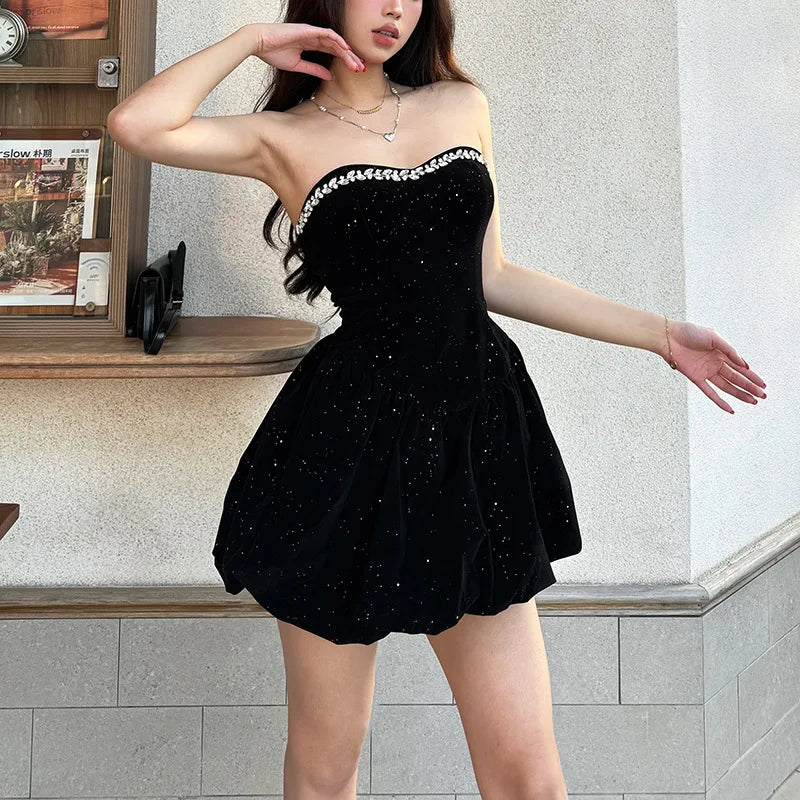 BKLD 2026 Winter New Women Clothing Elegant Fashion Strapless Sequin Diamonds Patchwork A-Line Puffy Dress Party Clubwear