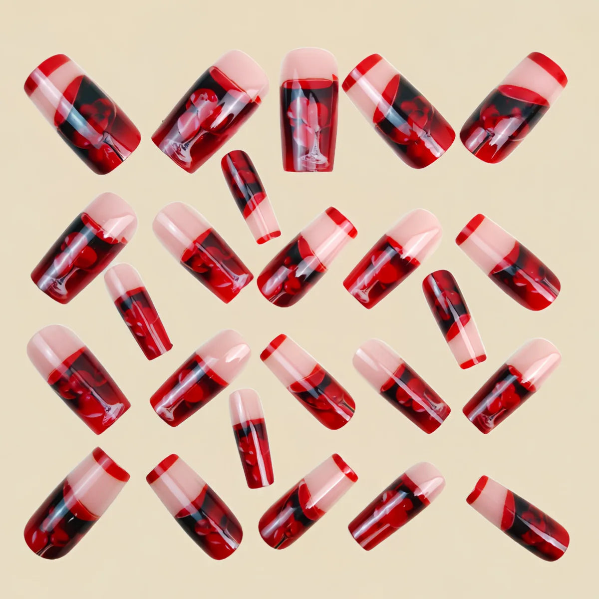 Medium long fake nails for women girls gradient red wine glass colorful fruit full cover ballet nail tips press on false nail