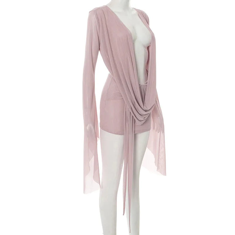 BKLD Solid Color 2026 New Women's Clothing Mesh Swinging Collar Long Sleeve Open Back A-line Short Dresses Party Clubwear