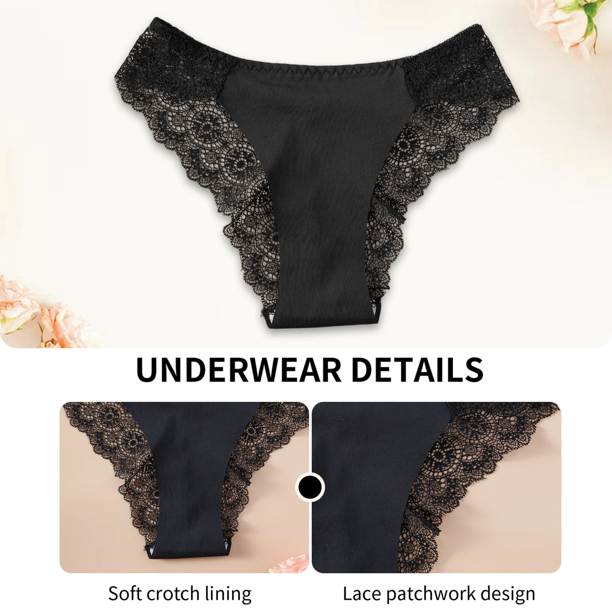 3PCS Women's Panties Satin Seamless Underwear Lace Floral Sexy Lingerie Solid Color Low-Waist High Quality Briefs Breathable