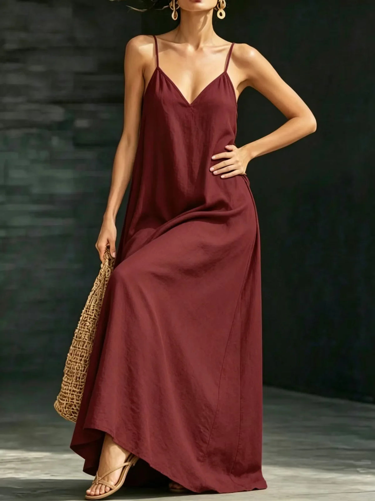 Women Linen Spaghetti Strap Maxi Dress V Neck Loose Swing Long Dress With Pockets Casual Summer Beach Vacation Sundress Ladies