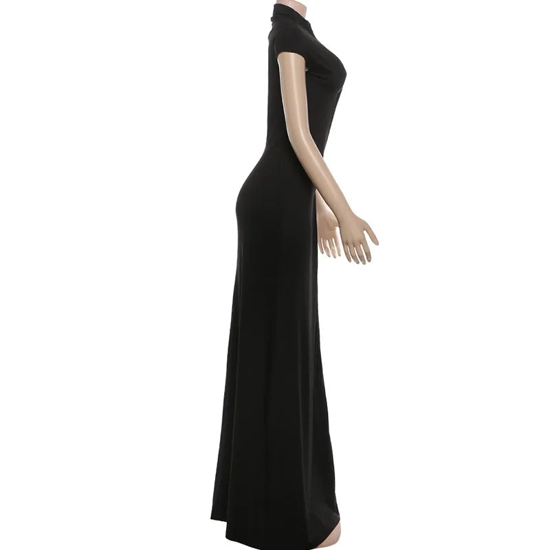 Women's Black Evening Dress Hollow Out A-line Maxi Dress Fashion High Neck Short Sleeve Slim High Split Dresses Sexy Party Gowns