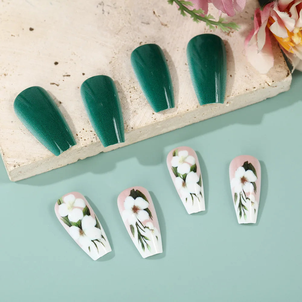 Medium long fake nails for women green white pink red flowers for Spring summer ballet tips full cover acrylic press on nail