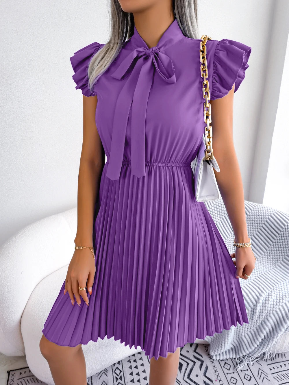 Elegant Bow Tie Pleated Dress 2026 Women Summer Solid Color Ruffles Short Sleeve Mini Dress Green Red Black Blue Woman Clothing