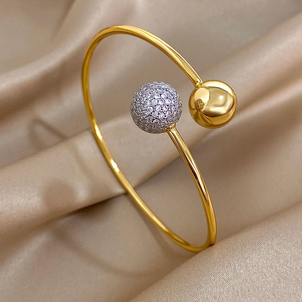Fashion Design Chic Gold Color Inlaid Rhinestone Ball Stainless Steel Open Bracelet Bangle Statement Jewelry High Quality Gift
