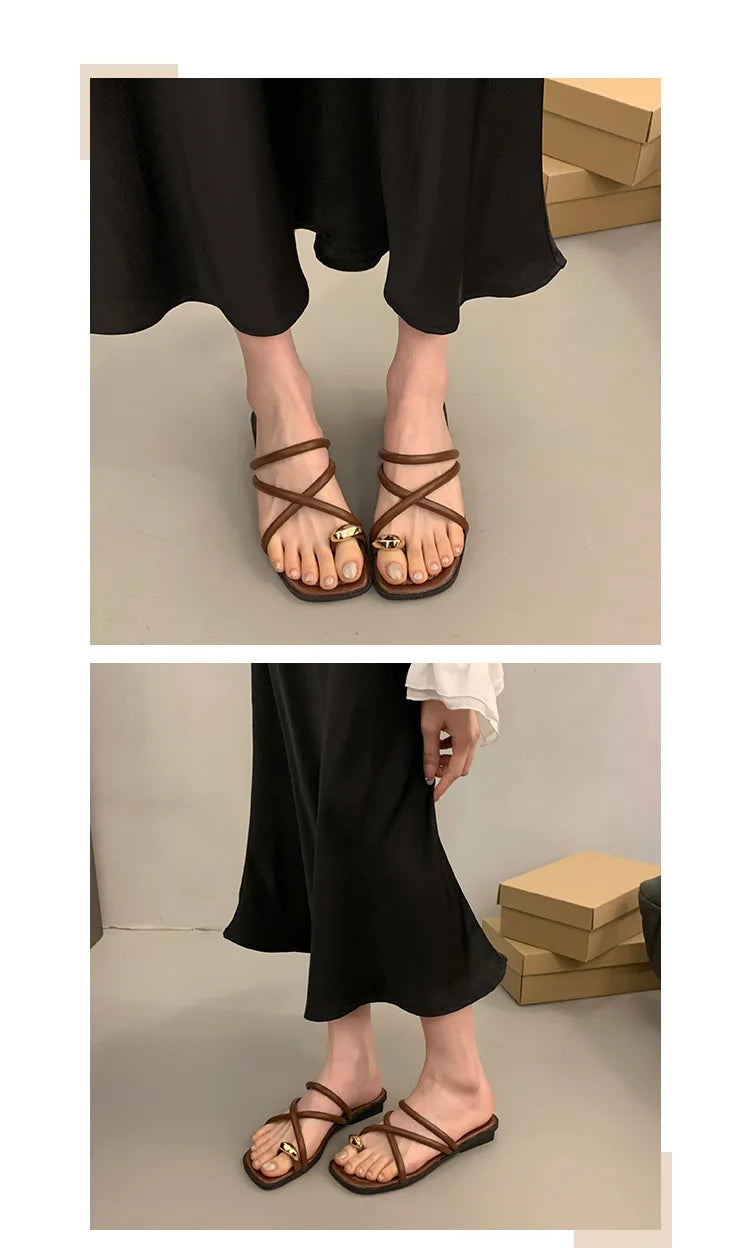Women Summer Slippers Ladies Sandals Metal Decor Thong Flip Flop Low Heel Shoes Woman Outdoor Retro Brown Sandals Female