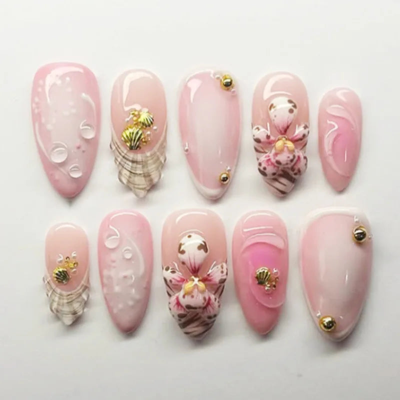 24Pcs French Flowers Pattern Almond Simple False Nails Set with Gloden Stripes Designs Detachable Finished Nails with Jelly Glue