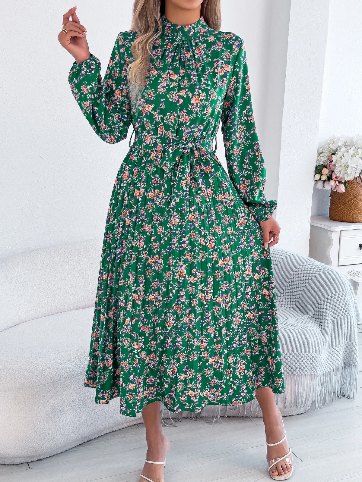 Floral Stand Up Collar Bridesmaid Dress 2026 Spring Autumn Elegant Long Sleeve Waist Cinching Pleated Dresses Woman Clothing