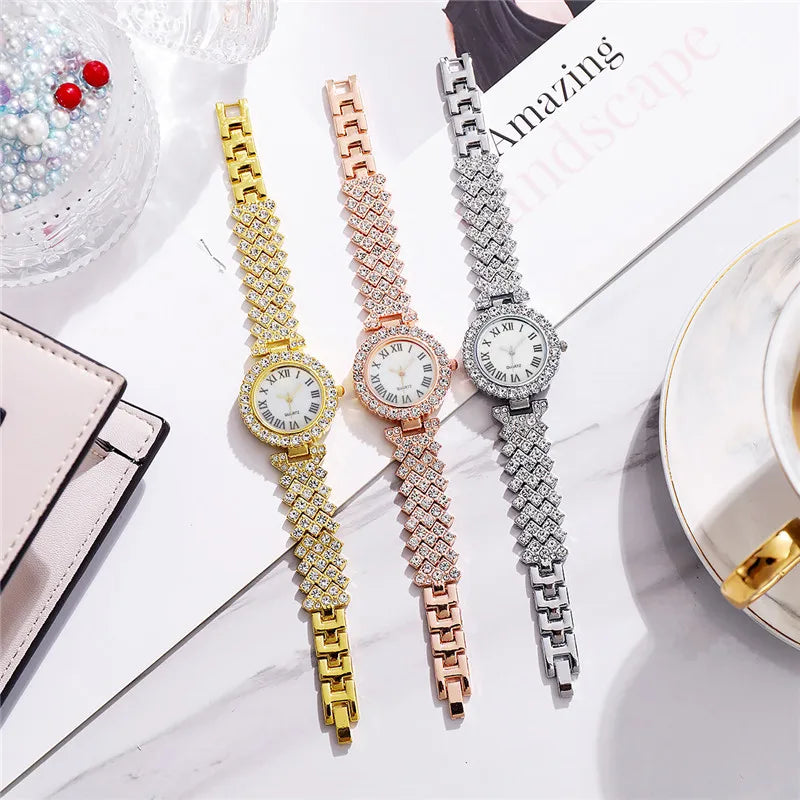 2PCS/Set Women's Watch Fashion Rhinestone Roma Dial Quartz Watches Stainless Steel Band Wrist Watch Bracelet Set