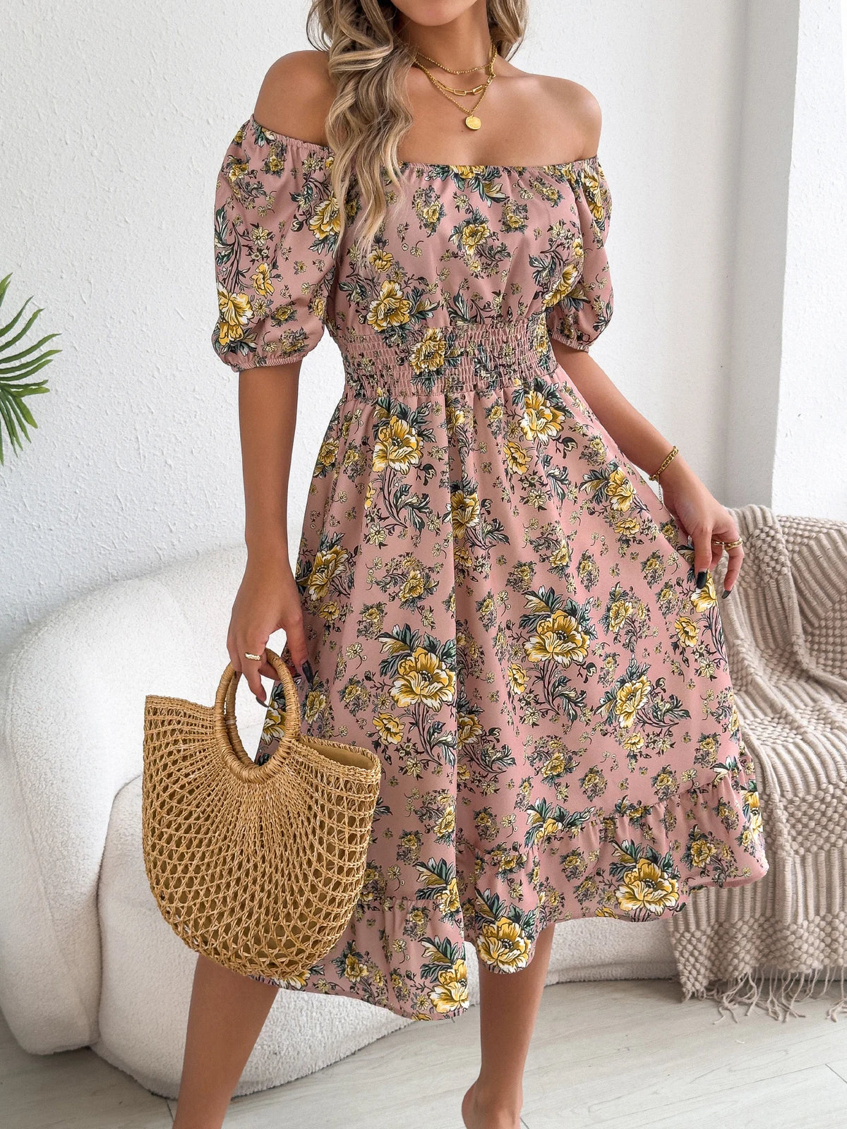 2026 Fashion Floral Print Dress for Women Spring Summer Casual Square Neck Short Sleeve Ruffled Long Dresses Woman Clothing