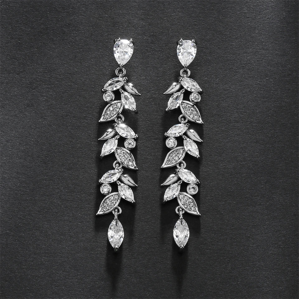 ZAKOL Fashion Cubic Zirconia Leaf Long Dangle Earrings for Elegant Women White Leaves Drop Earring Bridal Wedding Jewelry