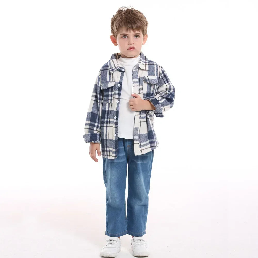 Children's Autumn Plaid Long Sleeved Shirt Brother & Sister Shirt Cotton College Style Thickened Shirt Boys Shirts Girls Blouse