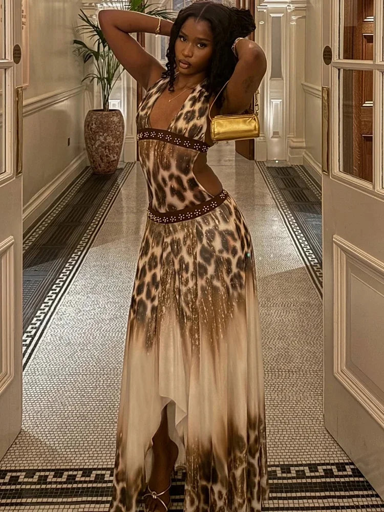 Summer Vacation Sexy Leopard Print Halter Maxi Dress Elegant Deep V Hollow Out Low-Waist Irregular Beach Dress Lady Party Outfit