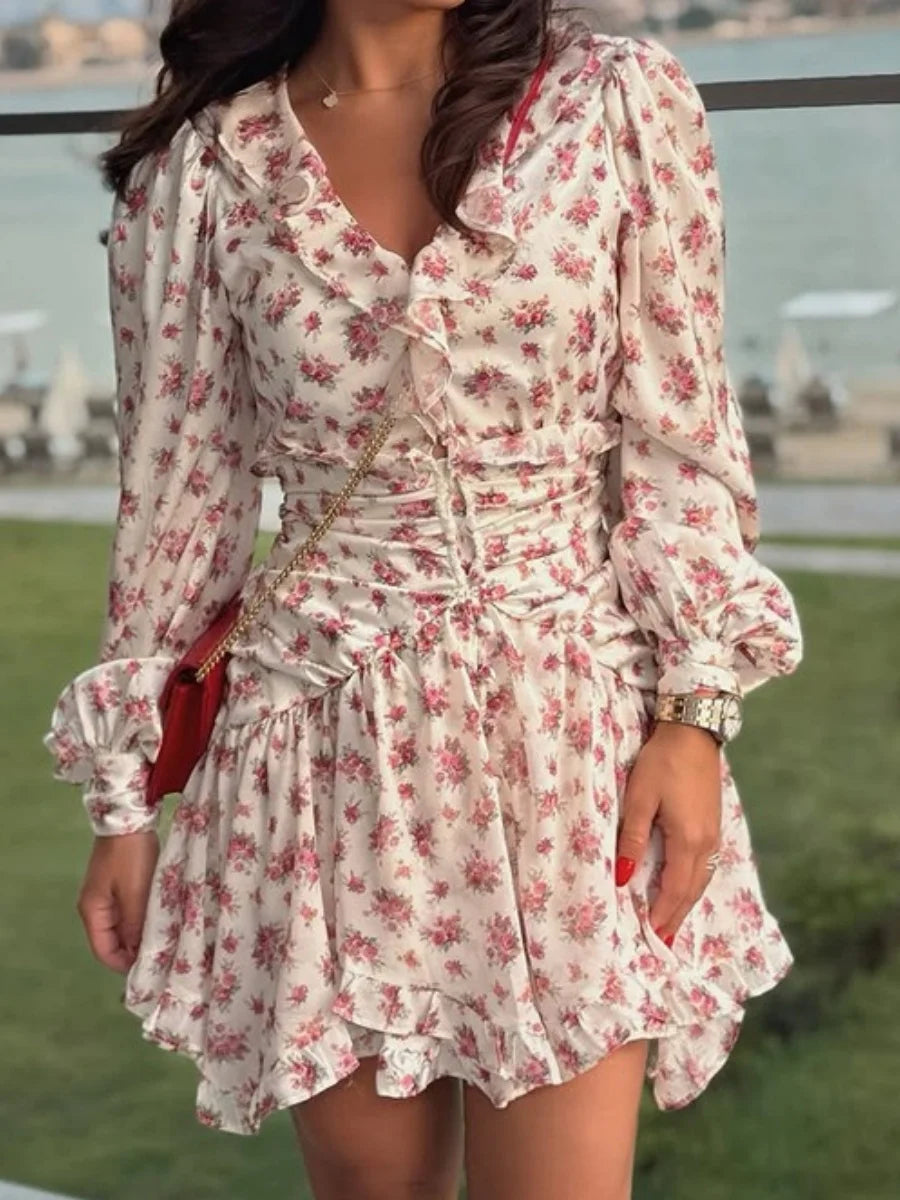 Boho Chic Floral Print Ruffle Mini Dress Women's Long Puff Sleeve V Neck Slim Fit A-line Party Dresses New Female Club Vestidos