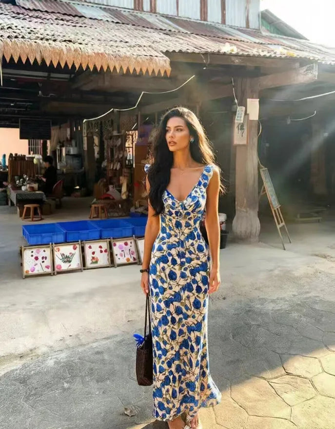 Elegant Summer Print Floral Dress Women V-neck Slim Ruffles Sleeveless Backless Long Dresses 2026 Beach Vacation Lady Vestidos