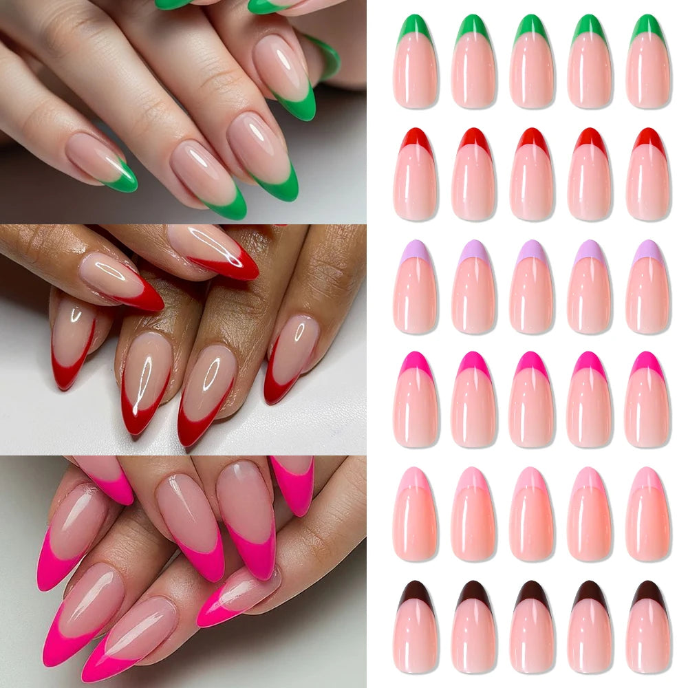 288Pcs Colorful Medium Almond French False Nails Red/Green/Pink/Purple Full Cover Fake Nails Tips Extension Women Press on Nails
