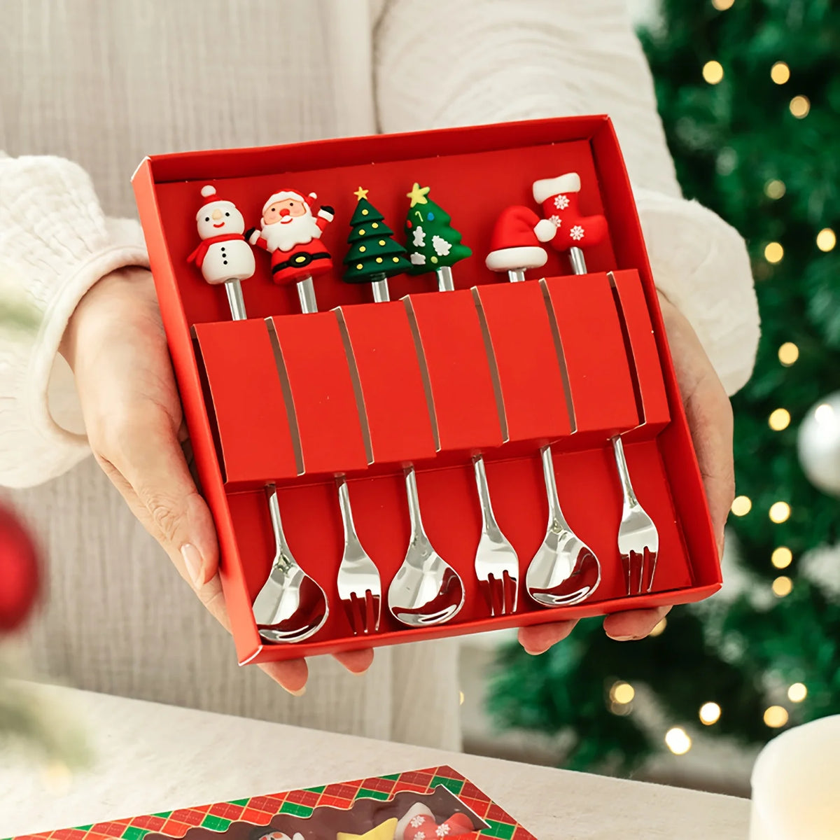 1Set Creative Christmas Fork And Spoon Set Stainless Steel Tableware Coffee Tea Dessert Forks And Spoons Gift Set
