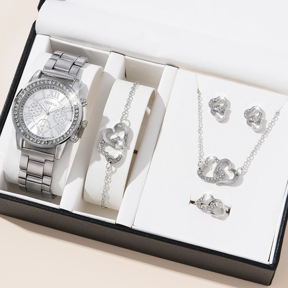 5PCS Quartz Watch Set Women Fashion Silver Round 3 Eyes Alloy Strap Wristwatch Gift Rhinestone Watch For Women Jewelry Set