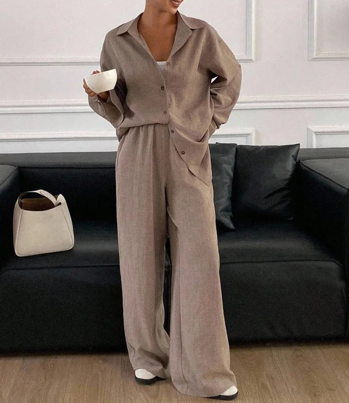 2026 New Women Linen Two Piece Outfit Set Lapel Long Sleeve Button Shirts Elastic Waist Wide Leg Pants Casual Loose Home Suit