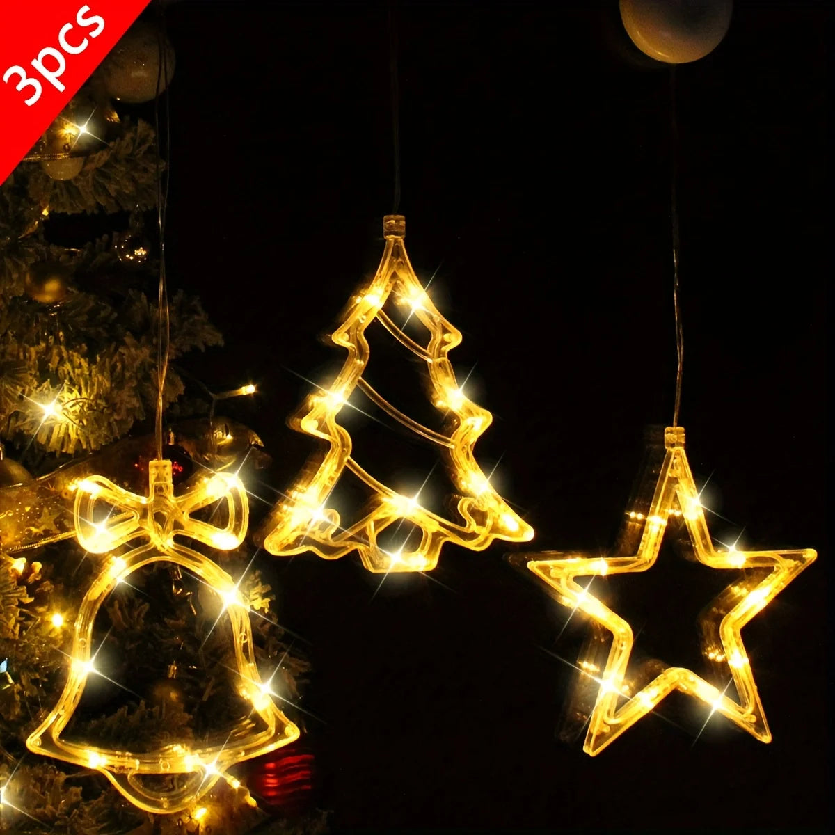 3-Pack Christmas Suction Cup Window Lights, with Three Styles: Bell, Christmas Tree, and Star. Christmas Lights, String Lights