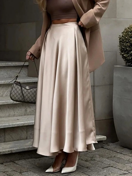 Women's Elegant Satin Solid Midi Skirt Causal A Line High Waist Slim Fit Skirts Spring Autumn Office Lady Temperament Streetwear