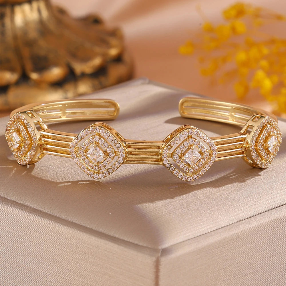 ZAKOL 4/1pcs Geometric Green Square Zircon Inlaid Stainless Steel Copper Stacking Bracelet Luxury Wedding Party Jewelry Gift