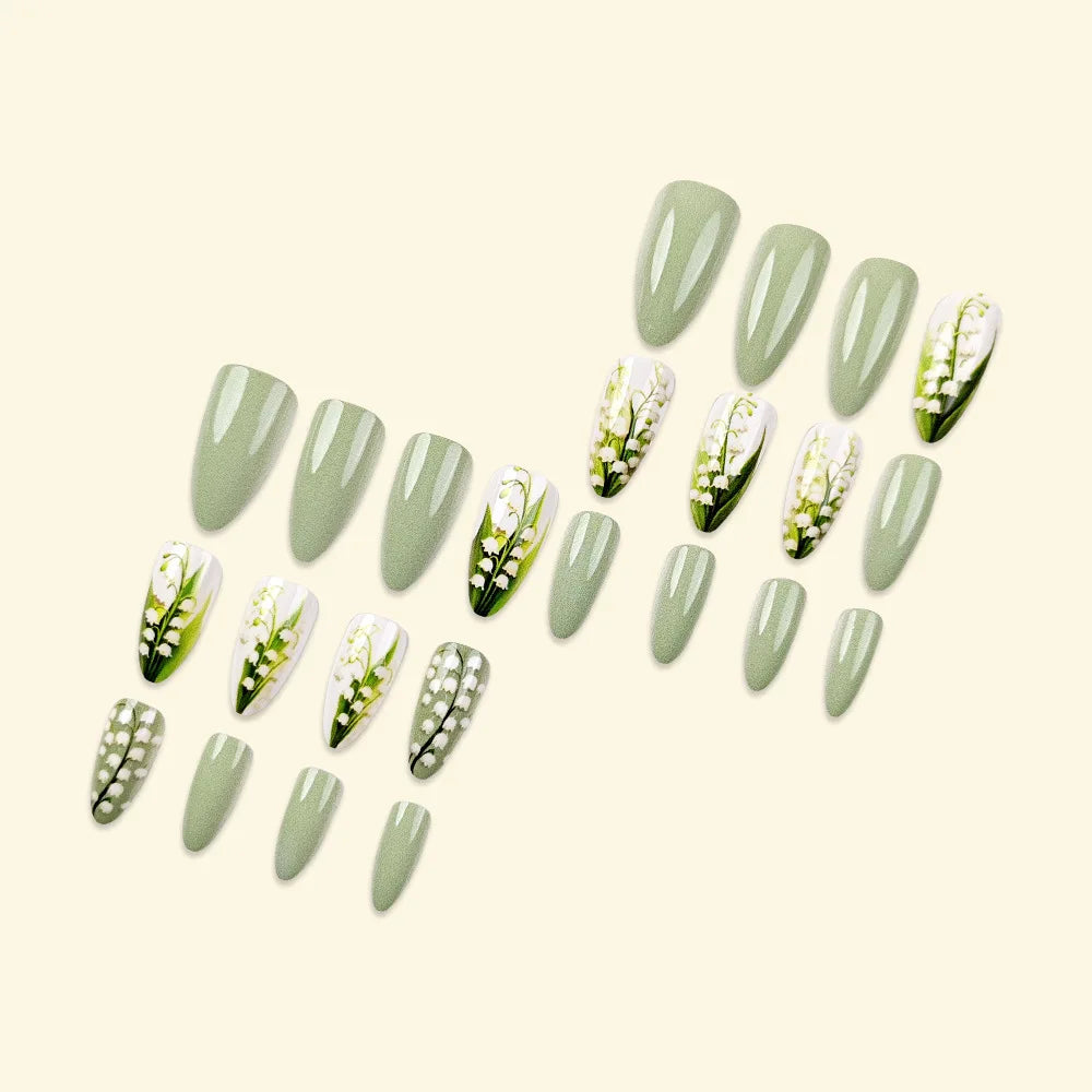 Medium fake nails for women girl green flrora blue black butterfly heart design Almond nail tips full cover press on false nail