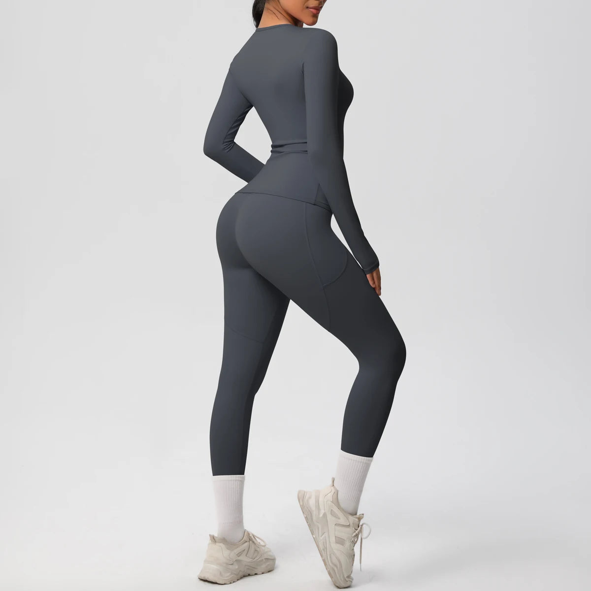 Summer 2PCS Women's Yoga Suit Solid Color High Stretch Slim Casual Long Sleeves Quick Drying Push Up Women Pockets Pants Set