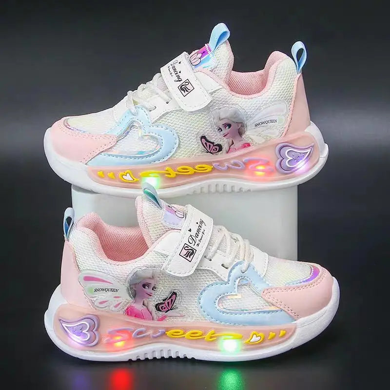 Disney Children Led Shoes Frozen Princess Elsa Girls Sneakers Fashion Cute Mesh Breathable Kids Casual Shoes Lighted Anti-slip