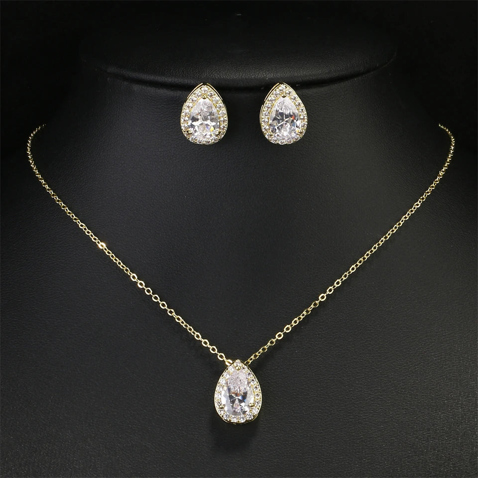 ZAKOL Classic Water Drop Zirconia Wedding Jewelry Set for Women Shiny AAA Cubic Zircon Earrings Necklace Jewelry Sets Gift