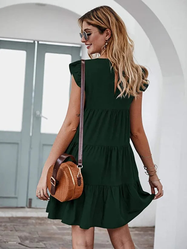 Women Elegant Ruffle Mini Dress Casual Solid O Neck Beach Party Sundress Simple Chic Loose Short Dress Vintage Harajuku Vestido