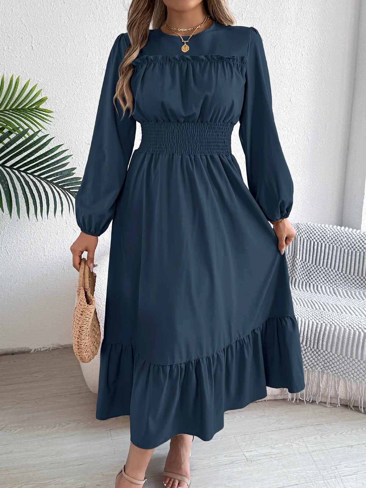Autumn and Winter Casual Elegant Solid Color Round Neck Long Sleeved Waist Cinched Lotus Leaf Edge Dress Women Clothing