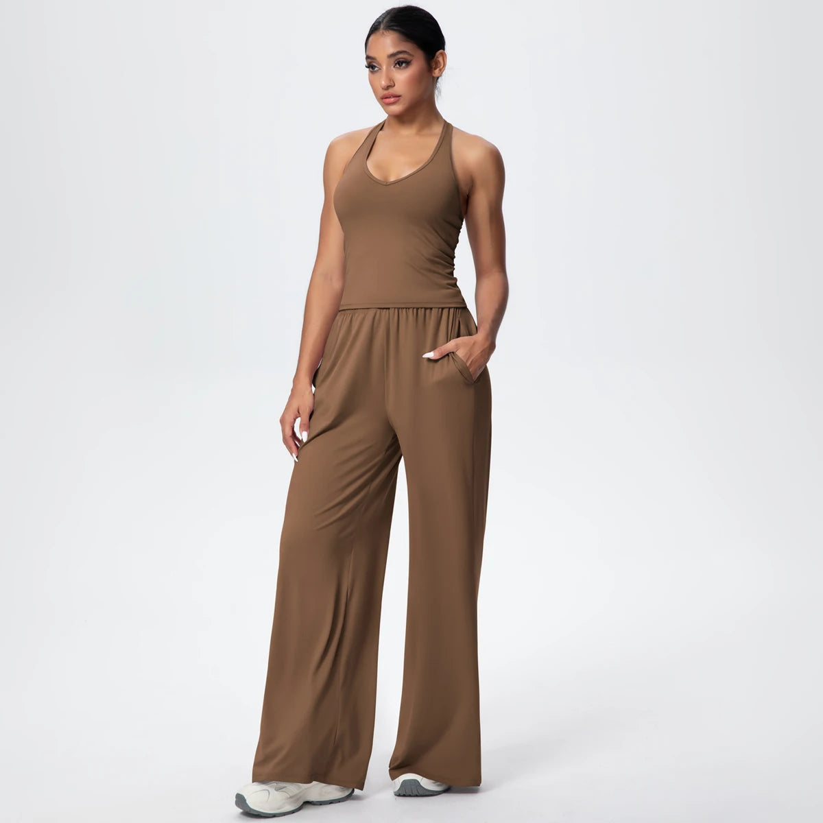 Breathable Loose Wide Leg Pants and Yoga Vest Set Solid Color High Stretch Pockets Pants Beautiful Back T-shaped Vest Yoga Suit