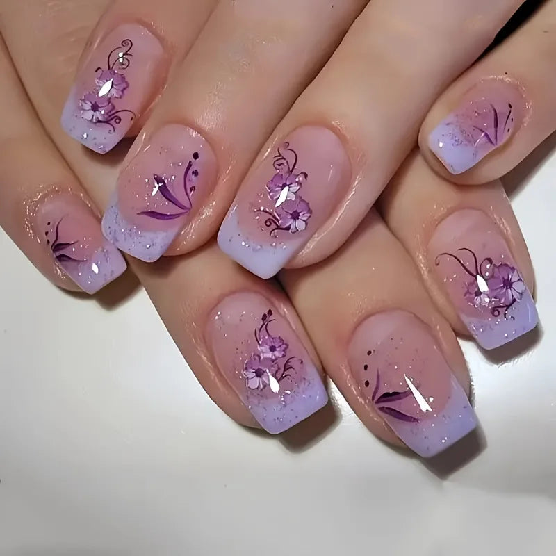 24pcs Short Square Press on Nails Jade Flower Sparkling Powder Designs Fake Nails with Glue Green Gradient Full Cover Nail Tips