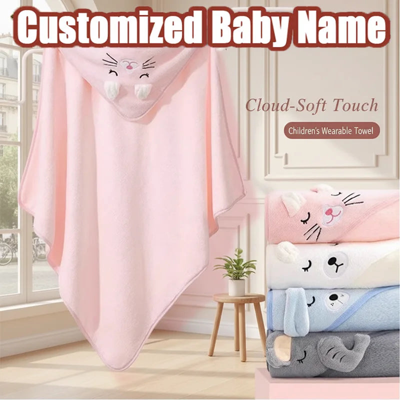 Customized Name Cartoon Animal Baby Bath Towel Soft Newborn Hooded Absorbent Infant Towel with Cap - Baby Shower Gift